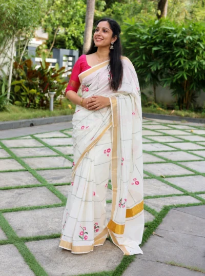 LYLAK Floral Thread Embroidery Kasavu Saree -LYK 7151