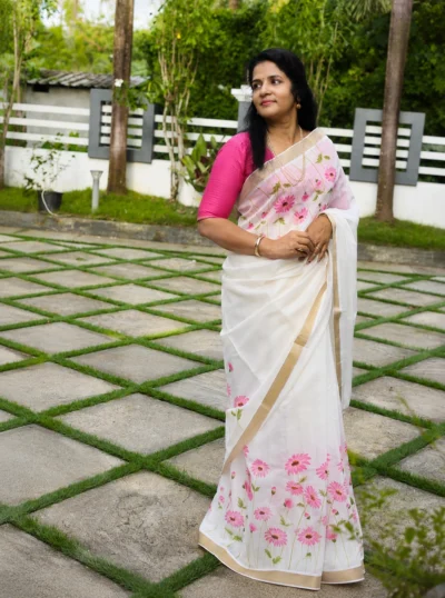 Pink Daisy Bloom Semi Chanderi Saree-LYK 7150B