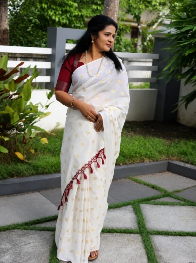 Emerald Tassel White Kerala Set Saree-LYK 7148