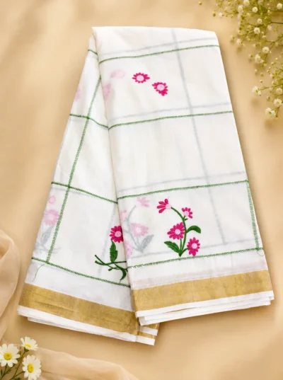 LYLAK Floral Thread Embroidery Kasavu Saree -LYK 7151