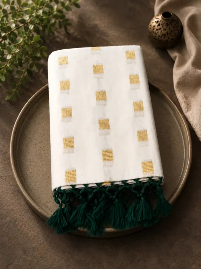 Emerald Tassel White Kerala Set Saree-LYK 7148