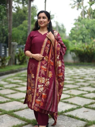 Wine Red Muslin 3-Piece Churidar Set -LYK 7130
